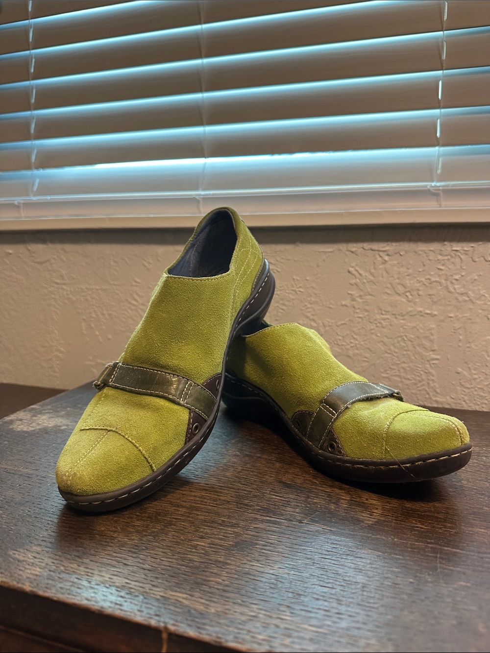 Indigo Lime Green Suede Slip-On Loafers with Dark Trim
